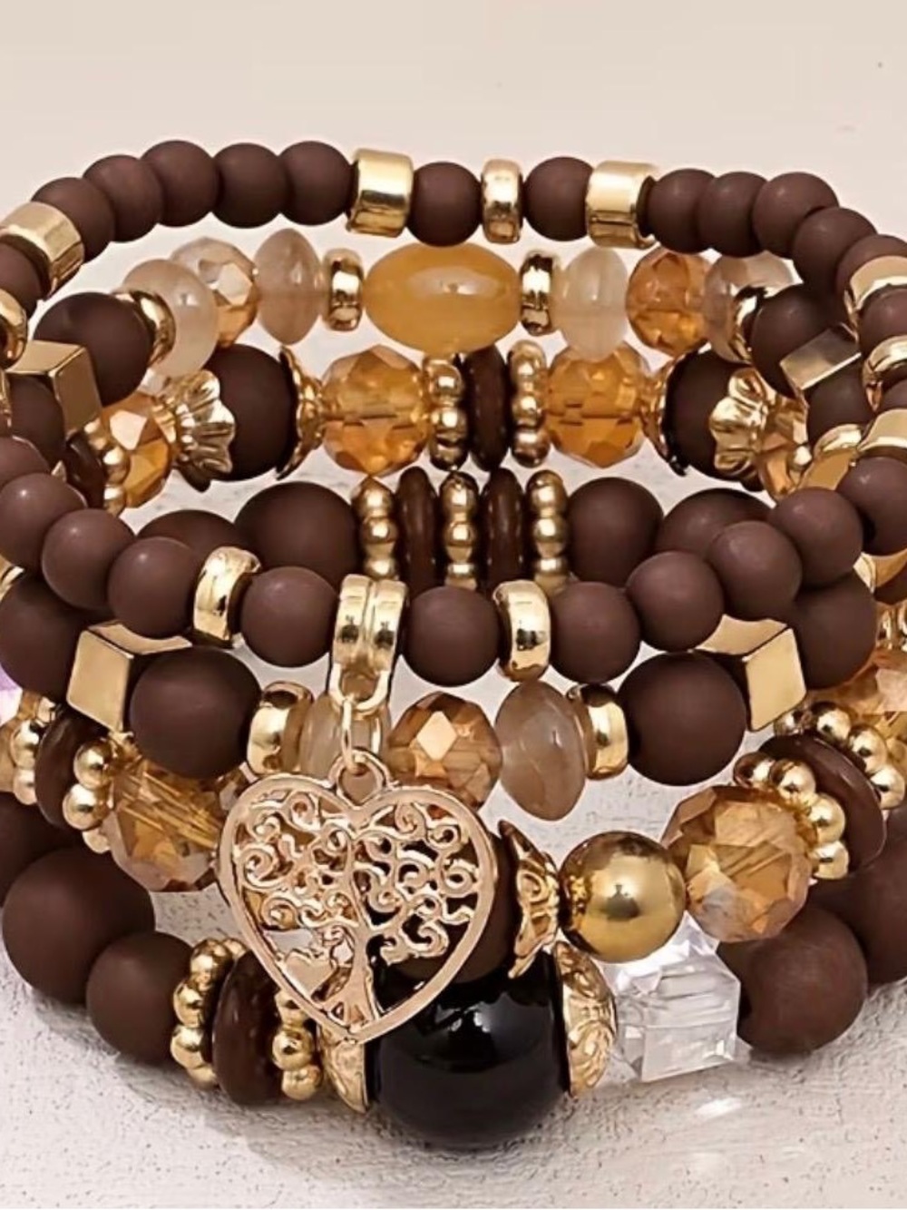 Gold & Brown Beaded Heart Charm Stretch Bracelet Set